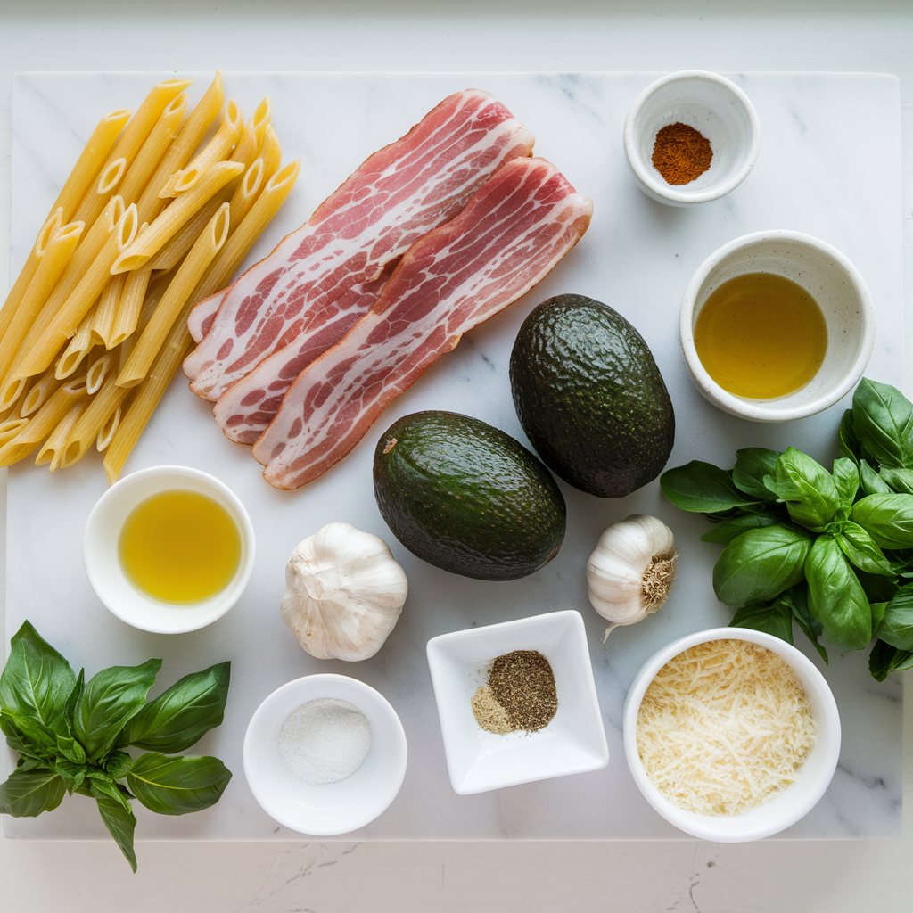 Creamy Avocado Bacon Pasta ingredients