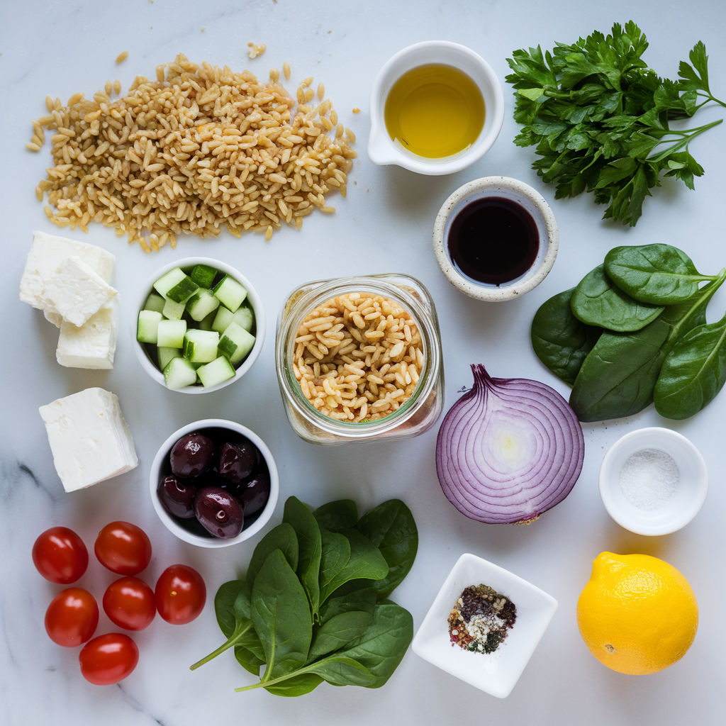 Greek Orzo Mason Jar Salad ingredients