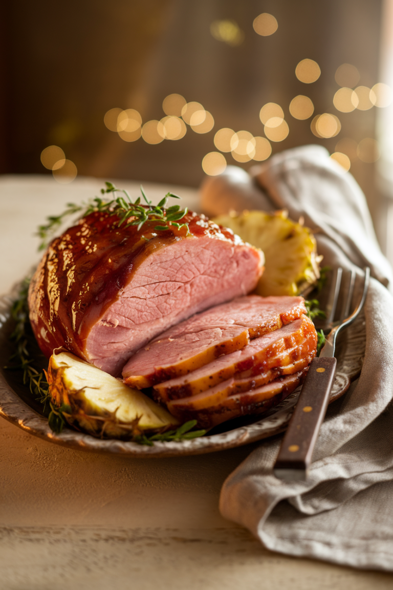 Sunday Supper Molasses Glazed Ham with Golden Pineapple