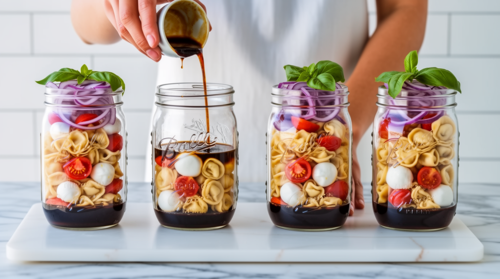 caprese tortellini jar salad preparation
