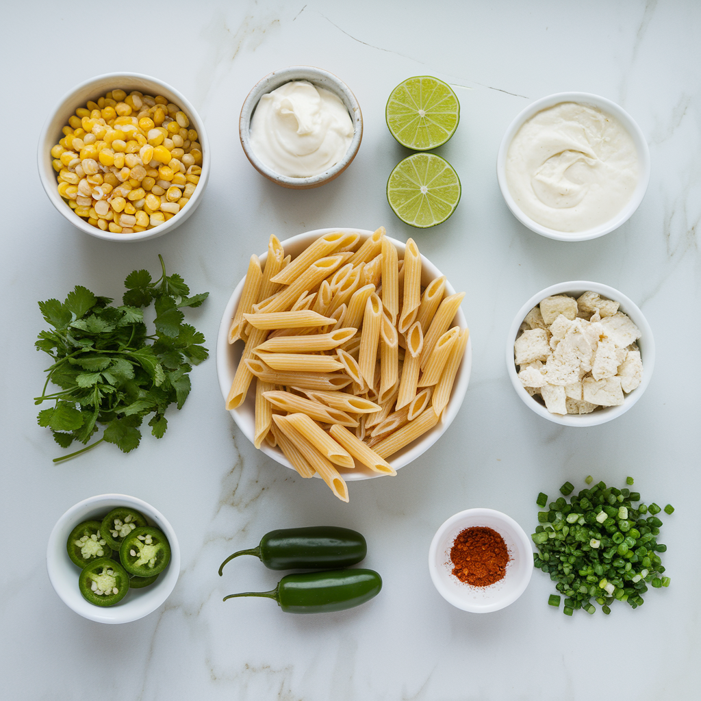 Elote Corn Pasta Salad ingredients